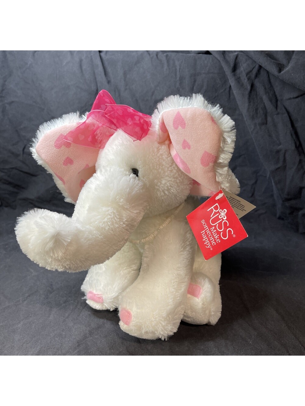 Russ Berrie ~ Ellie the White & Pink Elephant with Hearts 8"